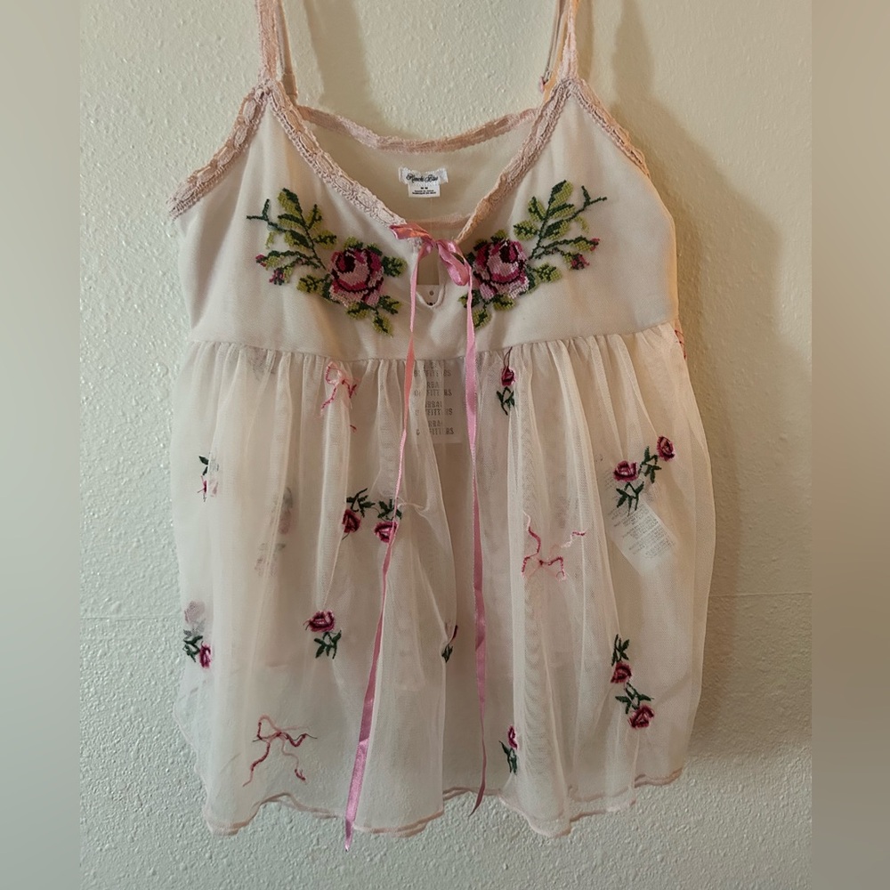 Urban outfitters Sheer Top with Pink Floral Embroidery
